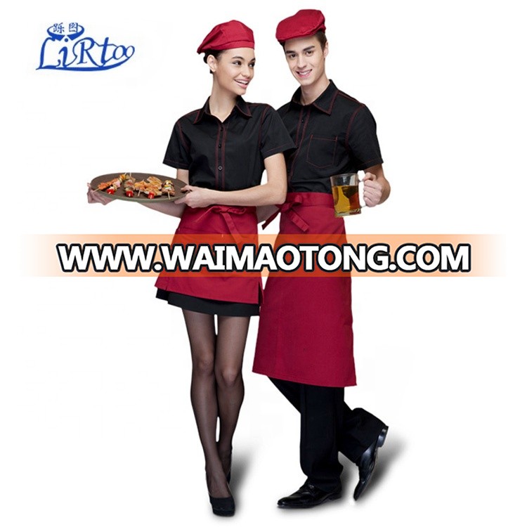 New design cowboy denim waiter waitress short / long sleeve shirt with apron uniforms